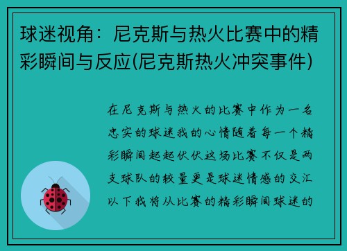 球迷视角：尼克斯与热火比赛中的精彩瞬间与反应(尼克斯热火冲突事件)